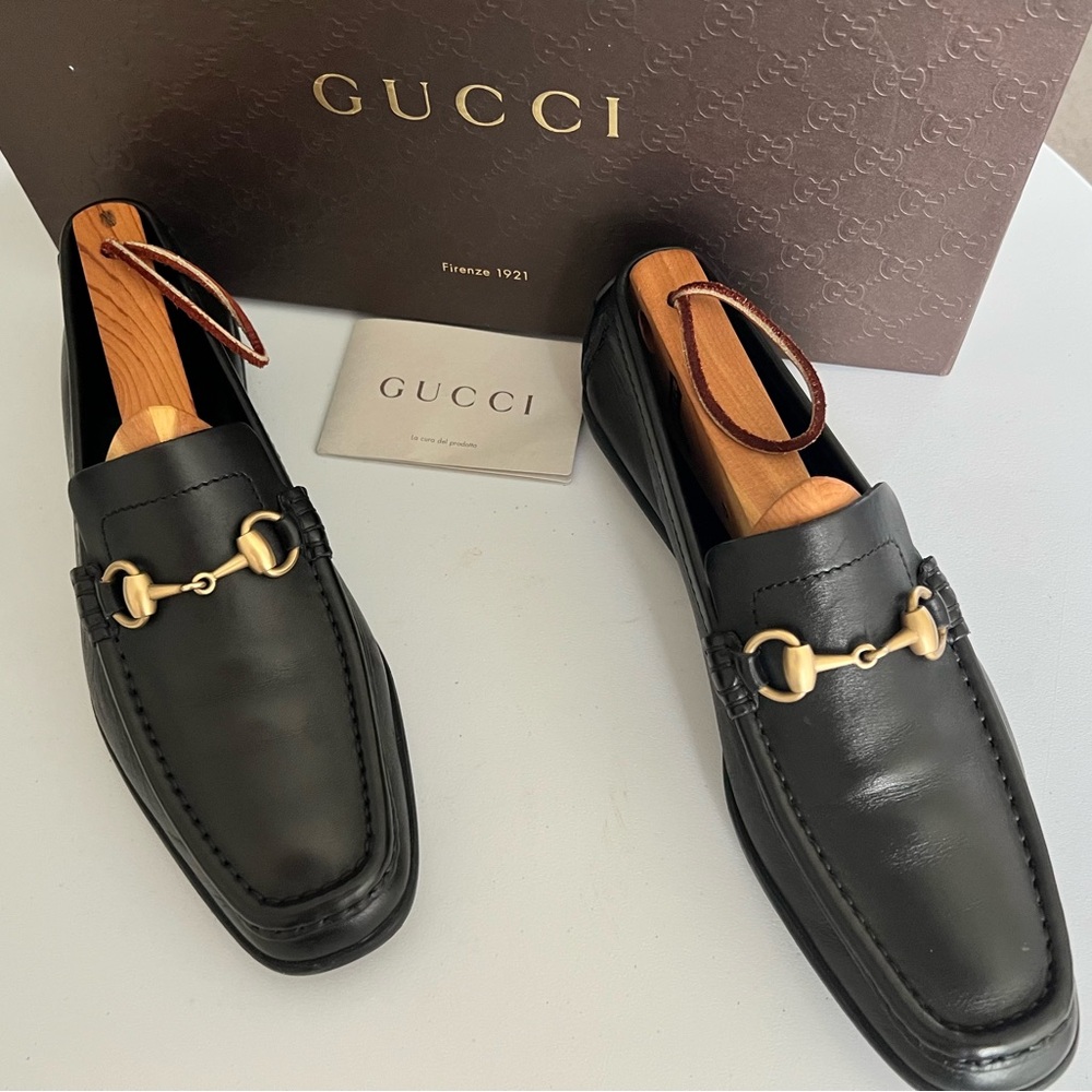 Gucci Black Leather Slip-On Loafers with Gold Accents